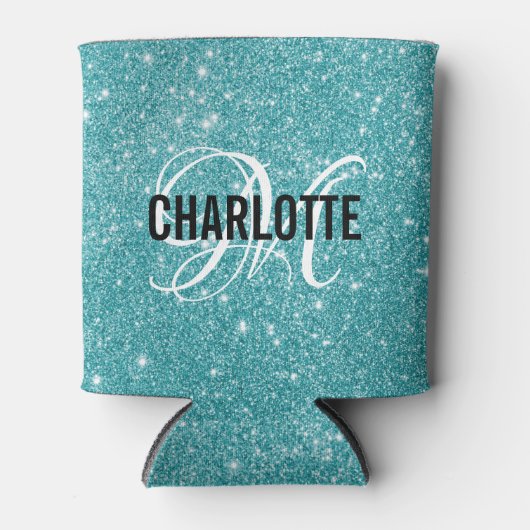 Elegant turkooise glitter monogram naam blikjeskoeler (Voorkant)