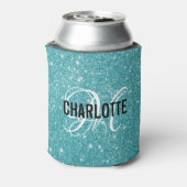 Elegant turkooise glitter monogram naam blikjeskoeler (Blikje Achterkant)