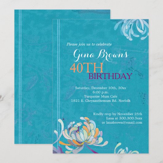 Elegant Turquoise 40th Birthday Party Kaart (Voorkant / Achterkant)