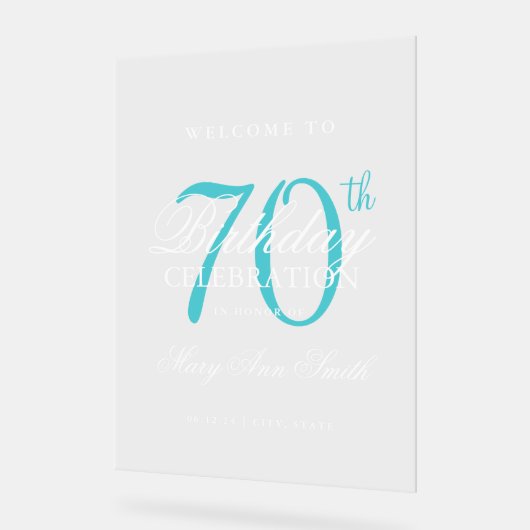 Elegant turquoise 70e verjaardagsfeest welkom acryl bord (Hoek)