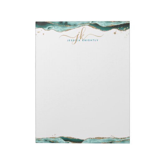 Elegant Turquoise Agate Script Monogram Initialen Notitieblok (Linkerzijde)