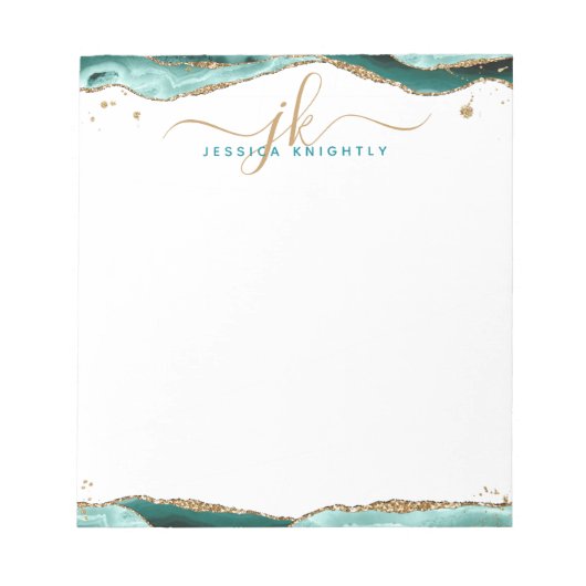 Elegant Turquoise Agate Script Monogram Initialen Notitieblok (Voorkant)