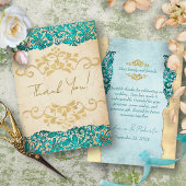 Elegant Turquoise and Gold Vintage Style Wedding Bedankkaart