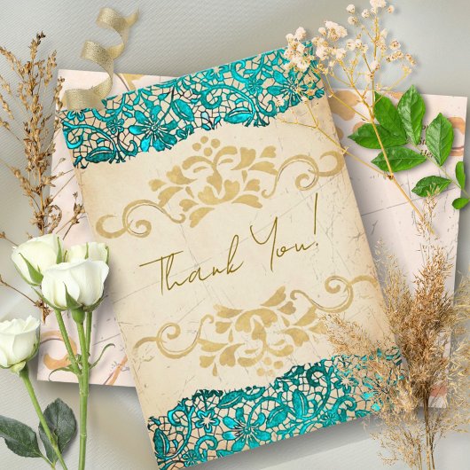 Elegant Turquoise and Gold Vintage Style Wedding Bedankkaart