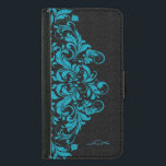 Elegant Turquoise & Black Girly Floral Lace<br><div class="desc">Elegant  bloemras in turkooise boven zwarte damasachtergrond. Aangepast en optioneel monogram. Als u om het even welke hulp het aanpassen,  het veranderen van kleur,  of iets anders aan om het even welk van mijn design nodig hebt,  contacteer de ontwerper ArtOnWear. Vrije tekst formatteren met levende hulp beschikbaar door verzoek.</div>