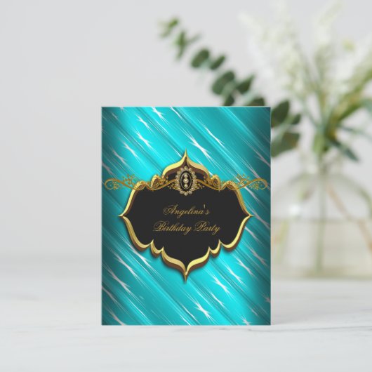 Elegant Turquoise Black Gold Blue Birthday Party Kaart (Staand voorkant)