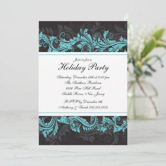 Elegant Turquoise Black Kerstparty Uitnodiging (Staand voorkant)