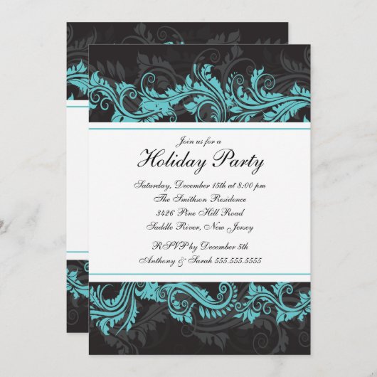 Elegant Turquoise Black Kerstparty Uitnodiging (Voorkant / Achterkant)