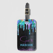 Elegant Turquoise black Unicorn Drives monogram Bagagelabel (Voorkant (verticaal))