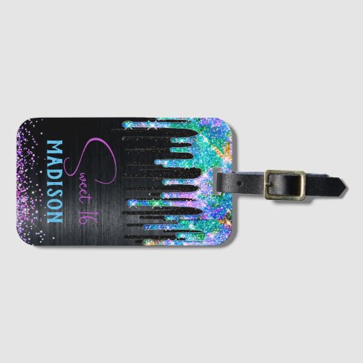 Elegant Turquoise black Unicorn Drives monogram Bagagelabel (Voorkant (horizontaal))