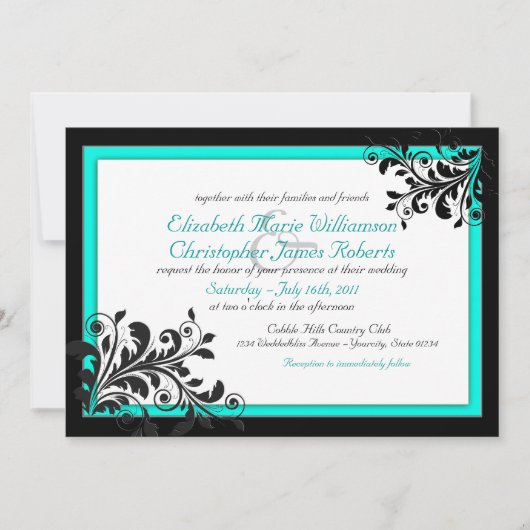 Elegant Turquoise|Black Wedding Invitation Kaart (Voorkant)