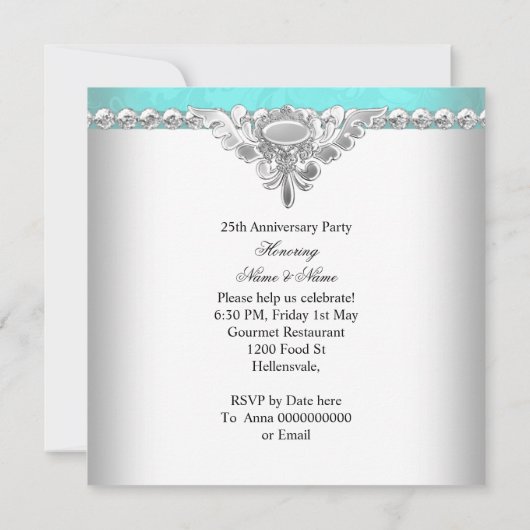 Elegant Turquoise Blauw Wit 25-jarig Huwelijksjubi Kaart (Achterkant)