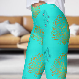 Elegant turquoise blauwe pauw fan patroon leggings