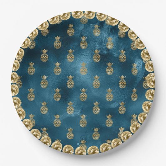 Elegant Turquoise Blauwgroen Gold Pineapple Patter Papieren Bordje (Voorkant)