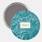 Elegant Turquoise Bloemmotief Monogram Magneet (Voorkant / Achterkant)