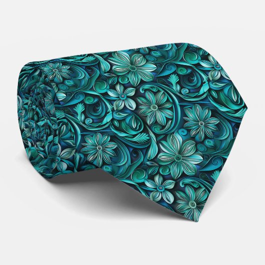 Elegant turquoise bloemtegeltje patroon stropdas (Opgerold)