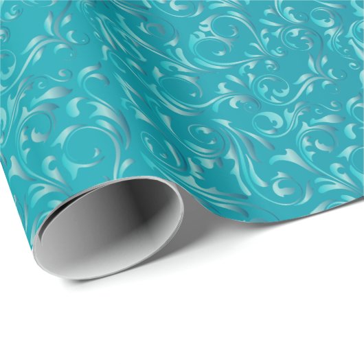 Elegant Turquoise Blue Damask Design Cadeaupapier (Rol Hoek)