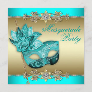 Elegant Turquoise Blue Masquerade Party Uitnodigin Kaart