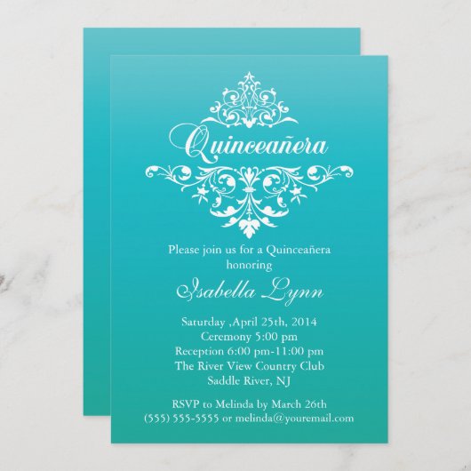 Elegant Turquoise Blue Ombre Quinceañera Partij Kaart (Voorkant / Achterkant)