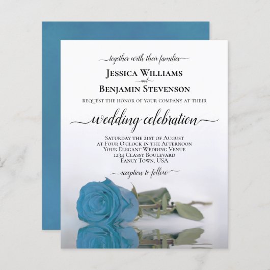 Elegant Turquoise Blue Roos BUDGET Wedding Invite (Voorkant / Achterkant)