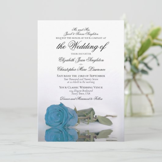 Elegant Turquoise Blue Roos Formal Wedding Kaart (Staand voorkant)