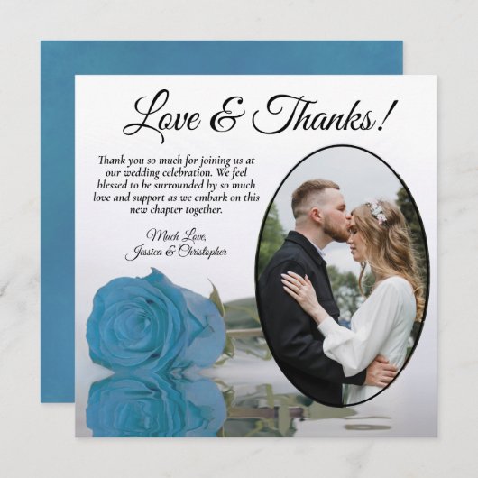 Elegant Turquoise Blue Roos & Oval Photo Wedding Bedankkaart (Voorkant / Achterkant)