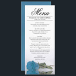 Elegant Turquoise Blue Roos Reflections Wedding Menu<br><div class="desc">Dit prachtige menu zal wat stijl aan uw trouwreceptie toevoegen. Hij heeft een prachtig en romantisch ontwerp met een blauw, turquoise of azuurgekleurd roos aan de zijkant dat in een pool van water met golven en rimpels reflecteert. Er is ruimte voor de namen van het paar en de trouwdatum, en...</div>