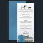 Elegant Turquoise Blue Roos Reflections Wedding Menu<br><div class="desc">Dit prachtige menu zal wat stijl aan uw trouwreceptie toevoegen. Hij heeft een prachtig en romantisch ontwerp met een blauw, turquoise of azuurgekleurd roos aan de zijkant dat in een pool van water met golven en rimpels reflecteert. Er is ruimte voor de namen van het paar en de trouwdatum, en...</div>