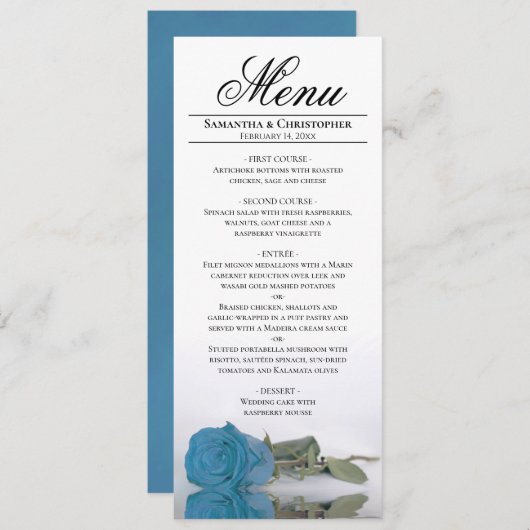 Elegant Turquoise Blue Roos Reflections Wedding Menu (Voorkant / Achterkant)