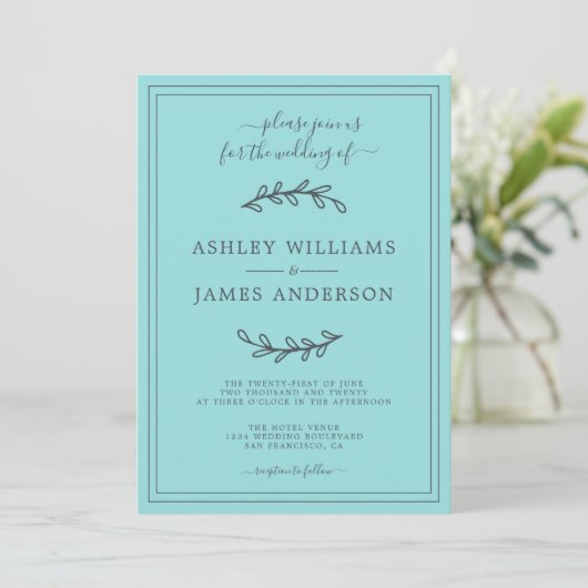 Elegant Turquoise Blue Wedding-uitnodiging Kaart (Staand voorkant)