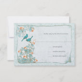 Elegant Turquoise Coral Birds Damask Wedding RSVP (Voorkant)