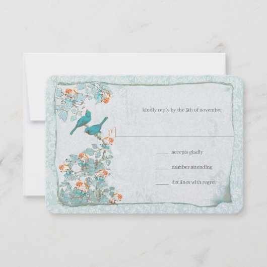 Elegant Turquoise Coral Birds Damask Wedding RSVP (Voorkant)