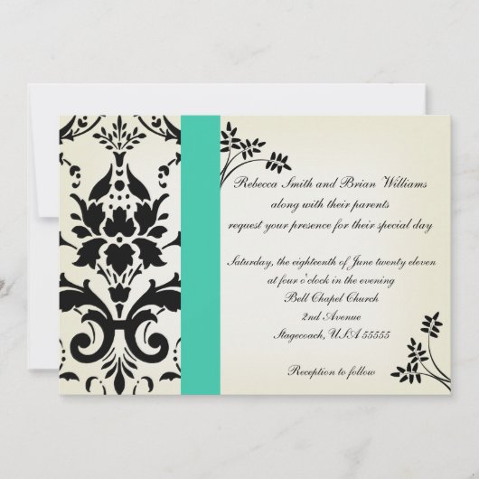 Elegant Turquoise en Black Damask Wedding Invite Kaart (Voorkant)