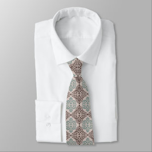 Elegant Turquoise en Bruin Damastpatroon op Beige Stropdas