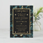 Elegant turquoise en gouden roos bloempatroon brui kaart (Staand voorkant)