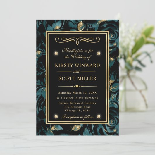 Elegant turquoise en gouden roos bloempatroon brui kaart (Staand voorkant)