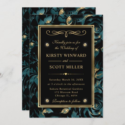 Elegant turquoise en gouden roos bloempatroon brui kaart (Voorkant / Achterkant)