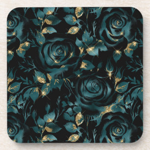 Elegant turquoise en gouden rozen bloempatroon bier onderzetter