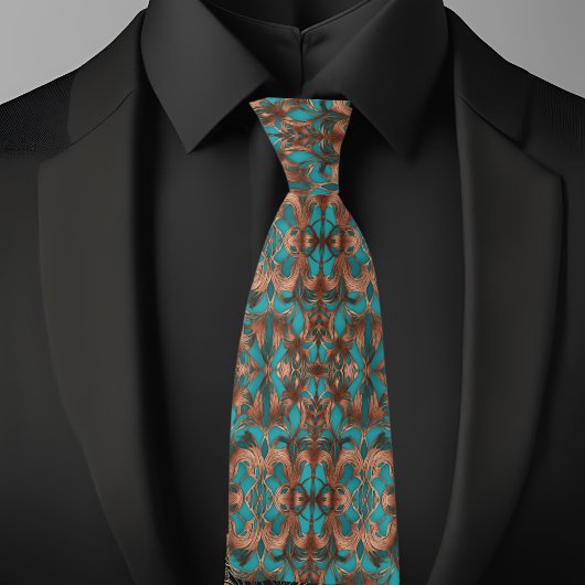 Elegant Turquoise en Koperen Patroon Stropdas