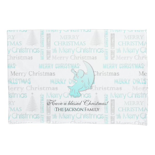 Elegant Turquoise en Silver KerstTypografie Kussensloop (Voorkant)