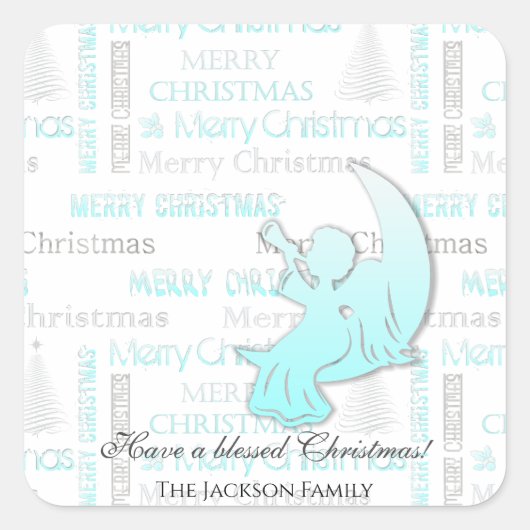 Elegant Turquoise en Silver KerstTypografie Vierkante Sticker (Voorkant)