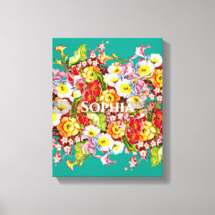 Elegant Turquoise Floral Persoonlijke naam Canvas Afdruk