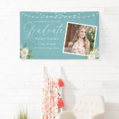 Elegant Turquoise Foto Bloemen Afstuderen Spandoek (Insitu)