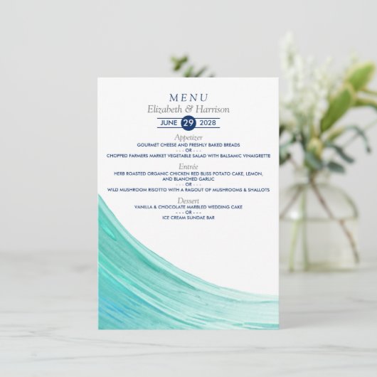 Elegant Turquoise getijden strand bruiloft menu (Staand voorkant)