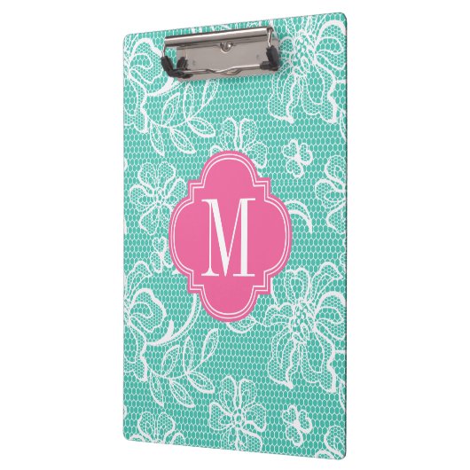 Elegant Turquoise Girly Lace Personalized Monogram Klembord (Links)