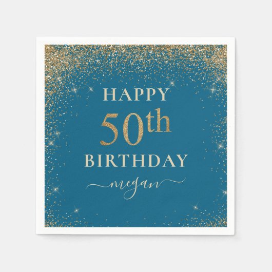 Elegant turquoise glitter 50ste verjaardagsfeestje servet (Voorkant)