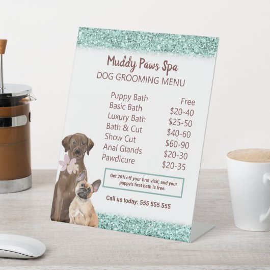 Elegant Turquoise Glitter Dog Grooming Menu Reclamebord Met Voetstuk (Insitu)