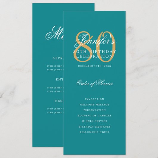 Elegant Turquoise Gold 80e Verjaardag Programma Me (Voorkant / Achterkant)