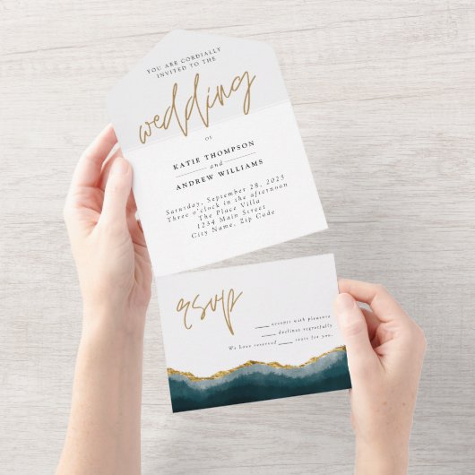 Elegant Turquoise Gold Agate Calligraphy Wedding All In One Uitnodiging (Afscheurbaar)