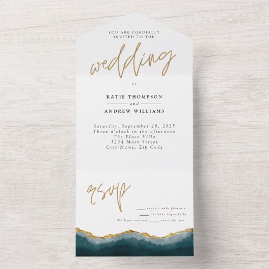 Elegant Turquoise Gold Agate Calligraphy Wedding All In One Uitnodiging (Binnen)